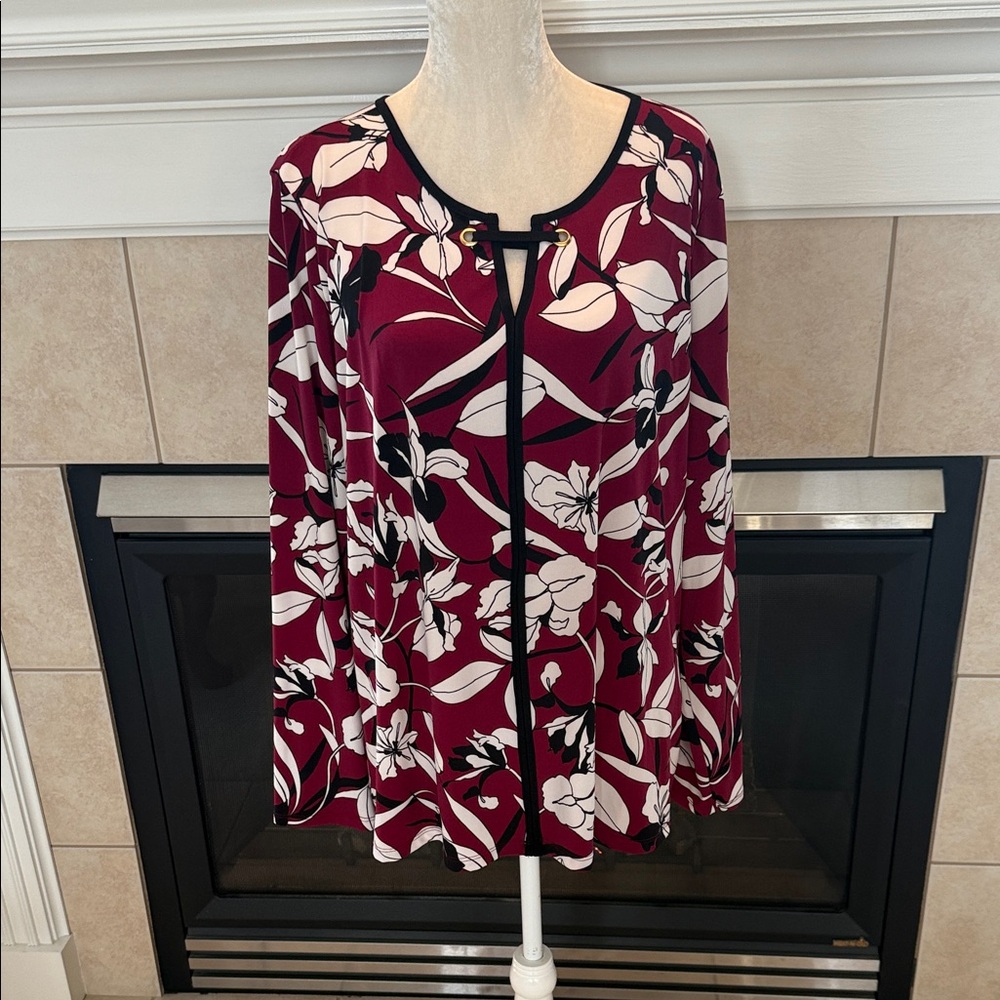 Liz Claiborne Floral Top - Burgundy and White